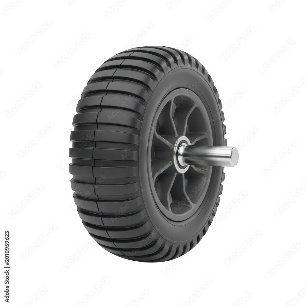 Obraz premium Industrial rubber wheel with metal axle isolated on transparent background