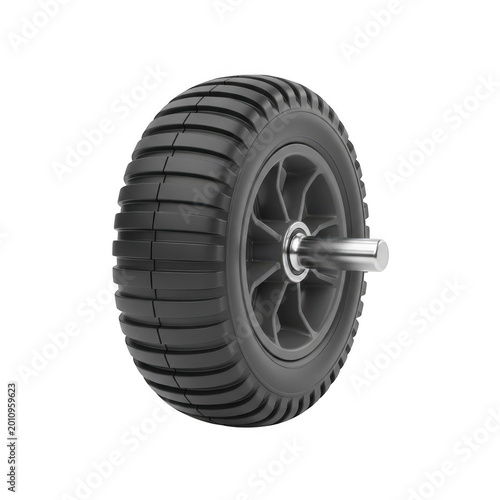 Industrial rubber wheel with metal axle isolated on transparent background