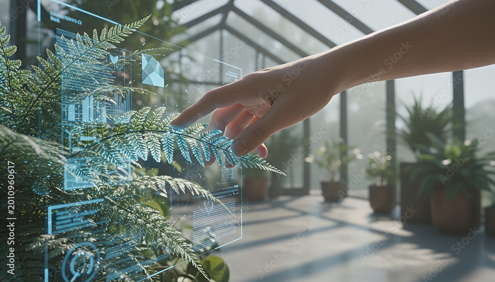 Fototapeta premium Sustainable Future: Person Interacting with Bioluminescent Plant Bio-Interface in Smart Garden