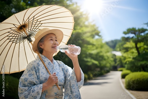 強い日差しの中で日傘をさし水分補給をする高齢女性の熱中症と脱水症状への注意喚起イメージ（AI生成）