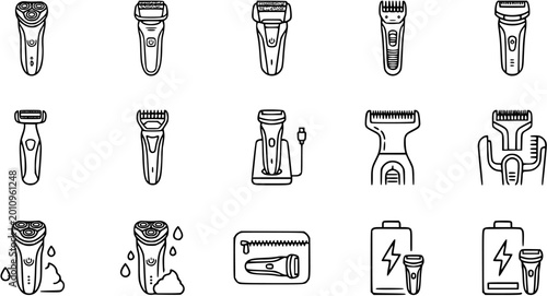 Foto Black and White Line Art Icons of Various Electric Shavers and Grooming Devices