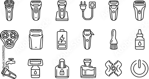 Photos Black and White Line Art Icons of Electric Shavers and Grooming Accessories