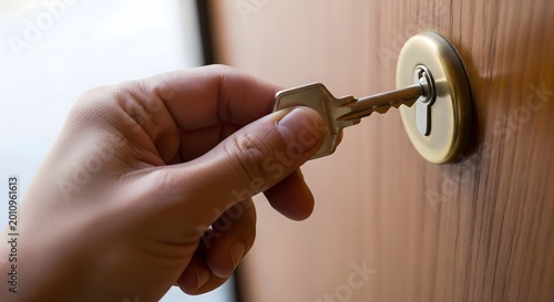 A person's hand carefully inserts a metallic key into the brass keyhole of a wooden door, symbolizing security and access.