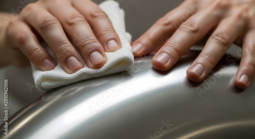 Close-up of human hands meticulously cleaning and polishing a shiny metallic surface with a soft white cloth, demonstrating careful maintenance.