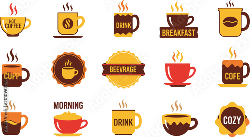 Tablou pe pânză Coffee Cup Vector Set with Hot Drinks Morning Beverage Cafe and Cozy Icons