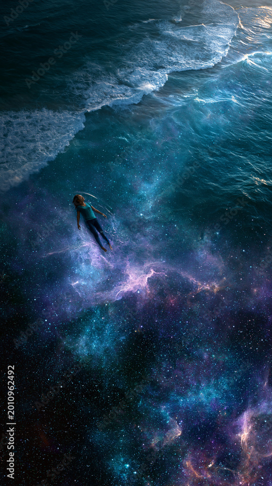 Obraz premium Dreamy cosmic ocean scene with a floating silhouette drifting through glowing galaxy waves, blending fantasy, space and peaceful solitude.