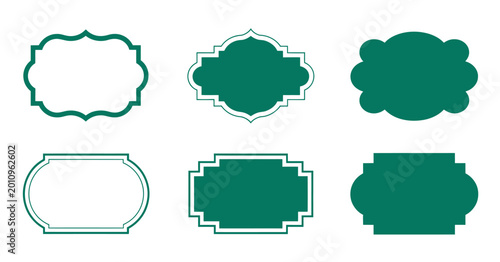 Islamic arch frame vector set, elegant green label frames collection with retro design elements, ornamental Islamic geometric border concept, clean modern decorative vector illustration