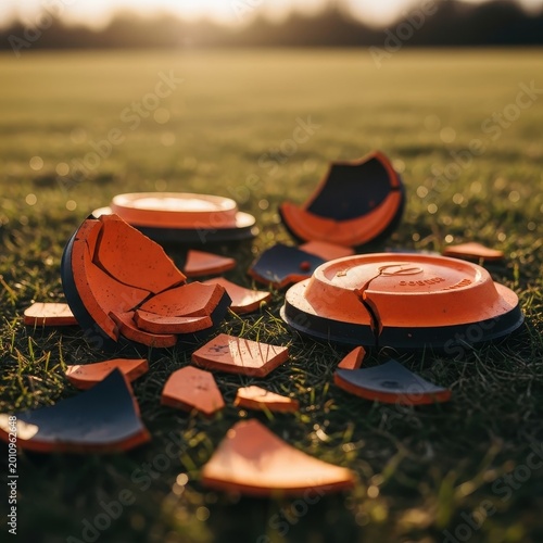 Shattered Clay Pigeons on Green Grass in Sunlight.