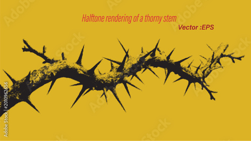 Halftone rendering of a thorny stem with sharp spines on an isolated yellow background.
