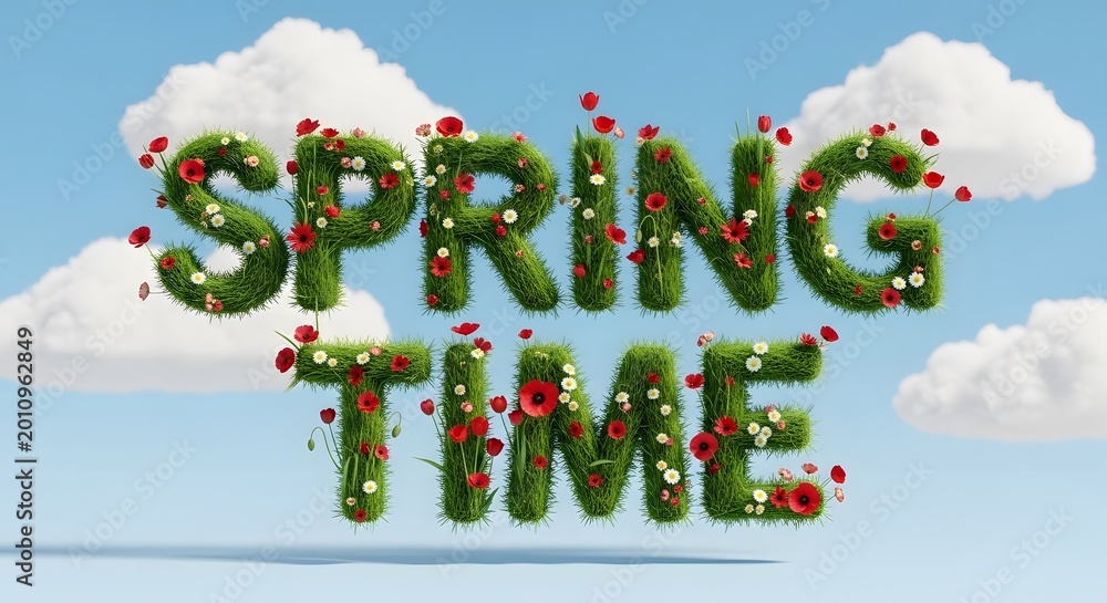 Fototapeta premium Vibrant spring time text with flowers and blue sky background