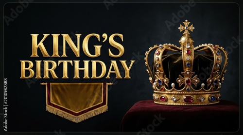 King's Birthday greeting with golden royal crown, majestic gold typography on dark background, regal monarch celebration banner