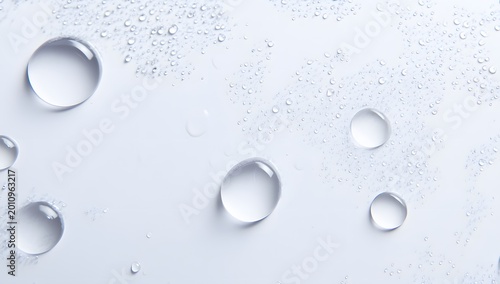 Scattered water droplets and bubbles on white background, chaotic pattern, wet, fresh.

