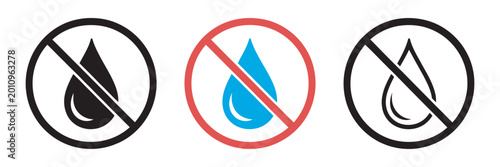 No water drop sign symbol set, no water-resistant icon collection, prohibited water droplets in circle sign, water restriction warning concept, clean modern vector illustration, high quality professio