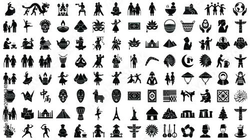 Global culture icons set, 112 world heritage and ethnic tradition symbols, black silhouette travel and folklore vector elements for infographics