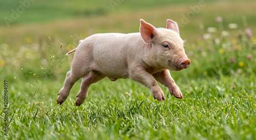 A high-speed action photograph of a young piglet sprinting across a lush green meadow. Its ears are flopping back, and all four hooves are momentarily off the ground. 