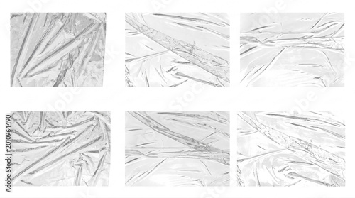 Set of transparent textured clear plastic wrap overlay elements with wrinkled surfaces isolated on background.