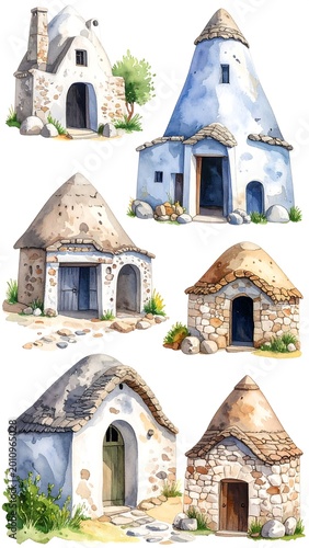 Watercolor illustration of six quaint, whimsical homes with unique, cone-shaped or rounded rooftops, reminiscent of rural dwellings