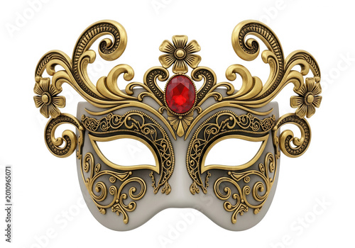 Elegant gold mask with red gemstone detail isolated on transparent background