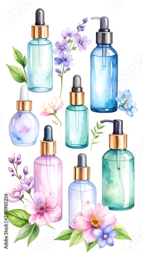 Watercolor illustration of skincare bottles with dropper tops and pump dispensers, complemented by floral arrangements