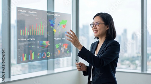 Confident East Asian woman in formal attire presenting interactive data graphics in a modern office with a city view