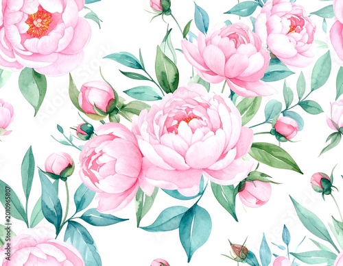 Watercolor illustration of soft pink peonies with green foliage arranged in a seamless floral pattern on a white backdrop