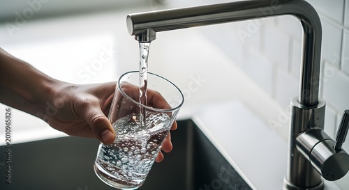 Person filling a clear glass with clean running water from a modern kitchen faucet for hydration and daily use in a contemporary home setting
