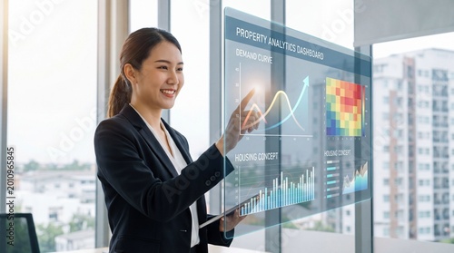 Young businesswoman analyzing digital graphs on touchscreen interface in an urban office with large windows