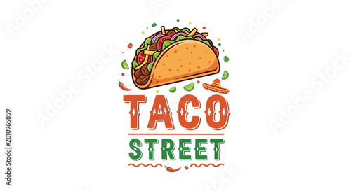 A colorful taco logo with text on a white background represents Mexican food.