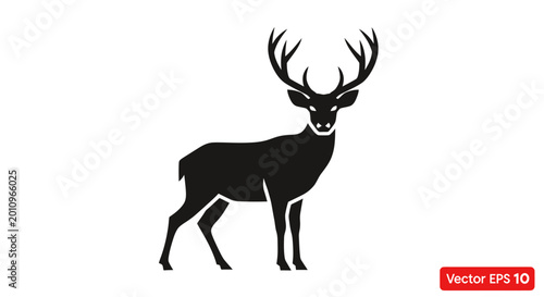 A black icon of a deer with antlers stands on a white background.