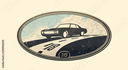 Vintage car emblem features a car on a road with number 18.