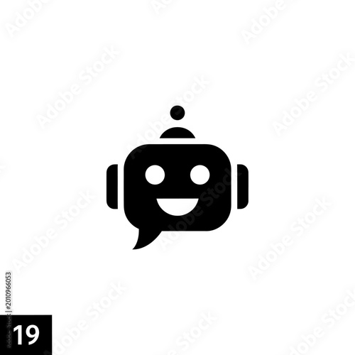 A smiling robot icon with a speech bubble and headset on a white background