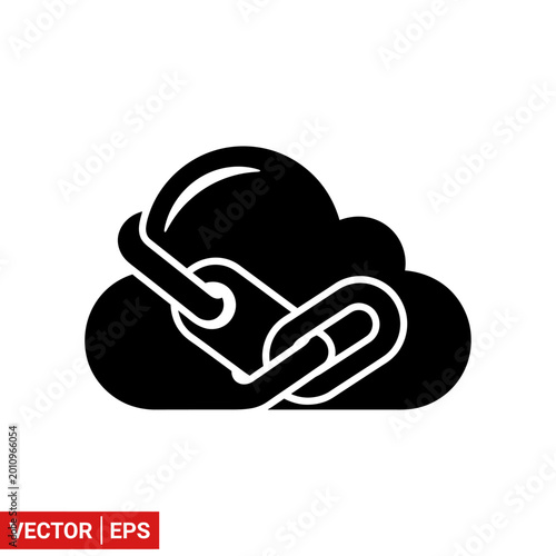 Black cloud icon with a chain link on a white background for technology concepts.