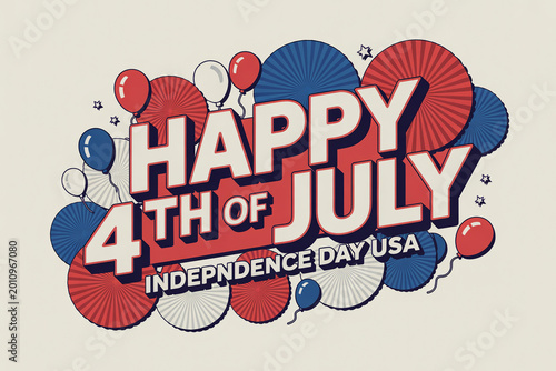 Happy 4th of July independence day USA banner design with balloons and paper fans decoration on red background