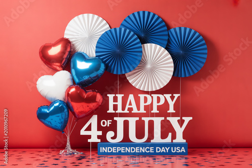 Happy 4th of July independence day USA banner design with balloons and paper fans decoration on red background
