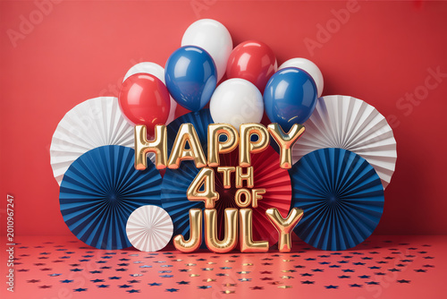 Happy 4th of July independence day USA banner design with balloons and paper fans decoration on red background