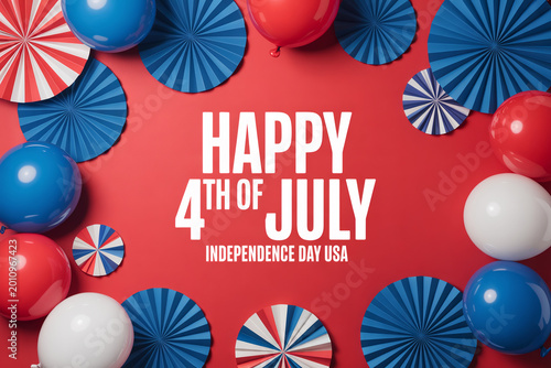 Happy 4th of July independence day USA banner design with balloons and paper fans decoration on red background
