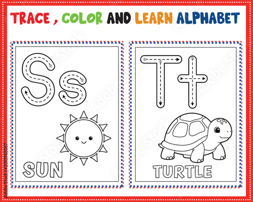 ABC alphabet tracing and coloring worksheet for kids printable, trace color and learn letters S and T turtle , preschool kindergarten handwriting practice activity pages for early education learning