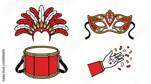 Colorful carnival accessories including mask, feathered headdress and drum on white