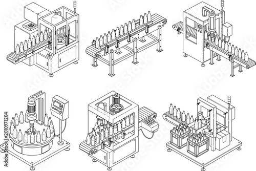 Fotografi Isometric industrial bottling production line illustration featuring automated c