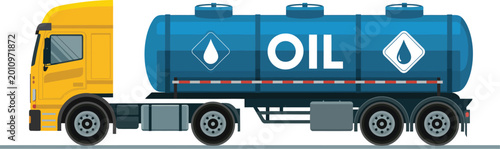 Canvas Print Oil tanker truck, vibrant vector artwork of fuel transport vehicle with yellow cab and blue tank representing industrial logistics and energy supply