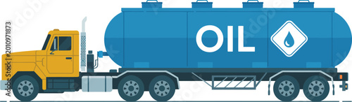 Fotografi Oil tanker truck, illustration, colorful vector design featuring yellow cab with blue storage tank for transportation fuel delivery and logistics concept
