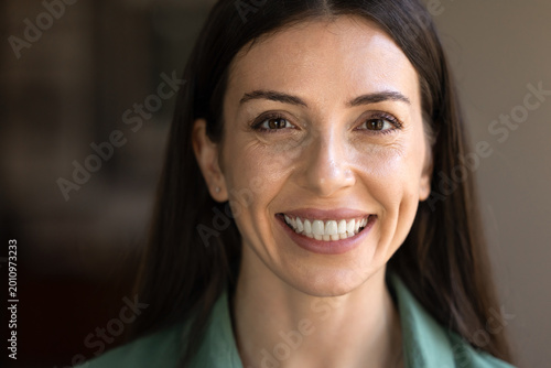 Canvastavla Closeup portrait, front face cropped view of happy adult 30s beautiful woman loo