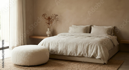 A minimalist bedroom with a large bed, neutral tones, and natural light filtering through sheer curtains.
