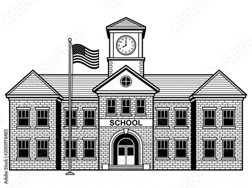 A simple black and white illustration of a school building with a clock tower and flag, set against a plain white background, ideal for educational or institutional use.
