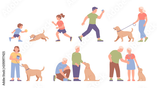 People of All Ages with Dogs Activity Vector Set, Family Lifestyle Pet Interaction Flat Illustration Collection