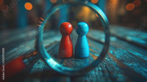Red and blue wooden peg figures viewed through magnifying glass on rustic wood in macro shot for recruitment and hr marketing