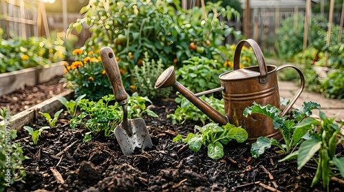 Gardening tools in a vegetable garden.