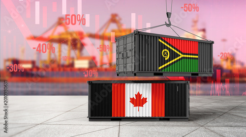 Bild auf Leinwand Global Trade Dynamics: A shipping container, adorned with the flag of Vanuatu, is suspended mid-air above another bearing the Canadian emblem