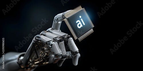 A futuristic robotic hand holding a microchip inscribed with 'ai,' symbolizing advancements in artificial intelligence and modern technology innovations.