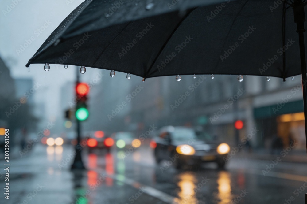 Obraz premium Rainy city street with umbrella and car